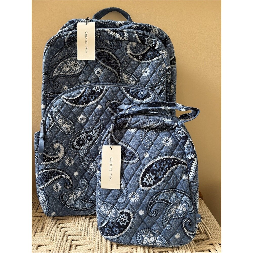Vera Bradley Essential Large Backpack Lunch Bunch Set Blue Bandana Paisley Mesa